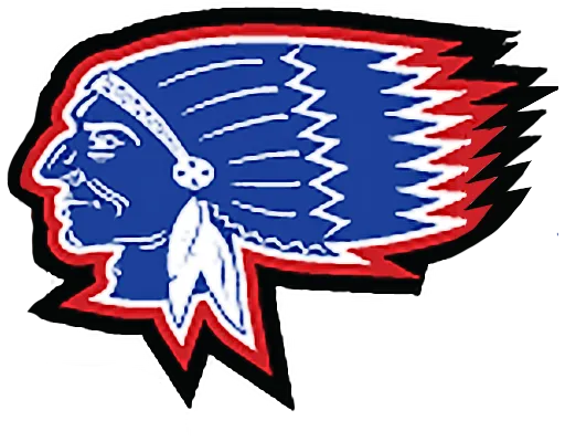 Stylized logo of a person in profile wearing a blue feathered headdress with red and white accents on black background