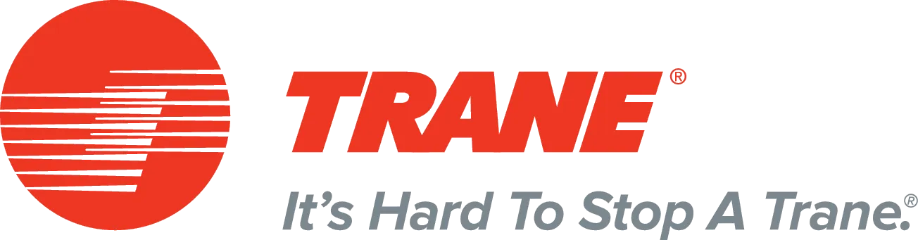 Trane logo with red striped circle emblem, bold red TRANE wordmark and gray tagline It's Hard To Stop A Trane.